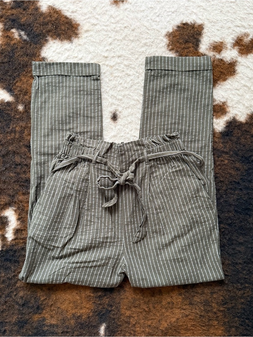 Olive Green Pinstripe Paperbag Waist Pants